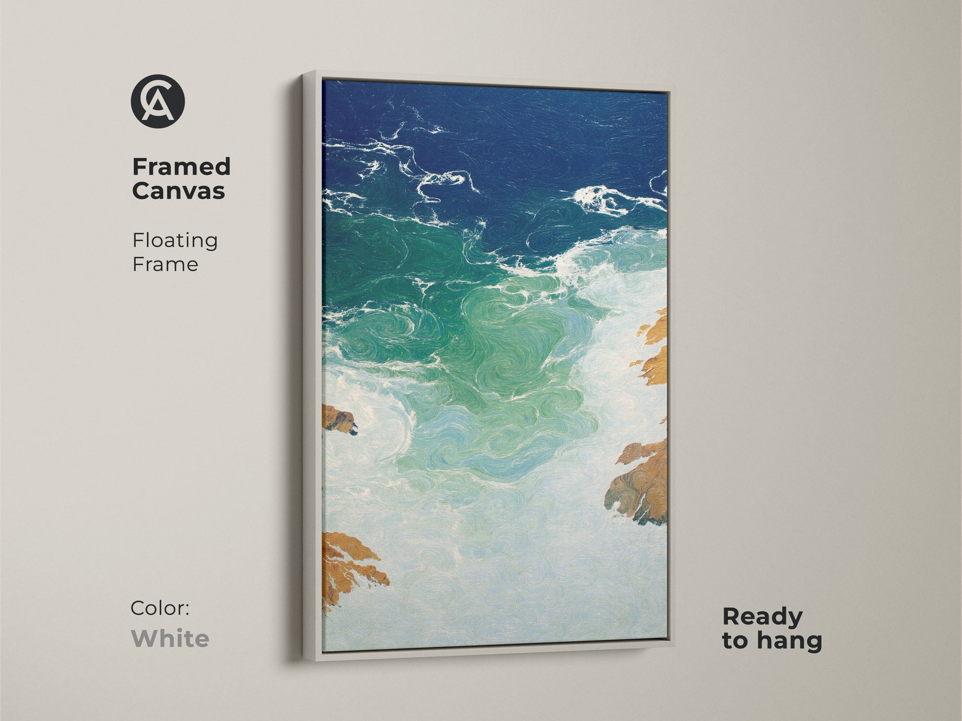 Framed Canvas in White color featuring abstract ocean waves artwork is ready to hang. This coastal modern wall art piece with deep blue emerald seascape adds a touch of elegance. Perfect as a beach lover housewarming gift this residential abstract painting provides modern coastal home gift. Its artistic ocean view enhances any room.