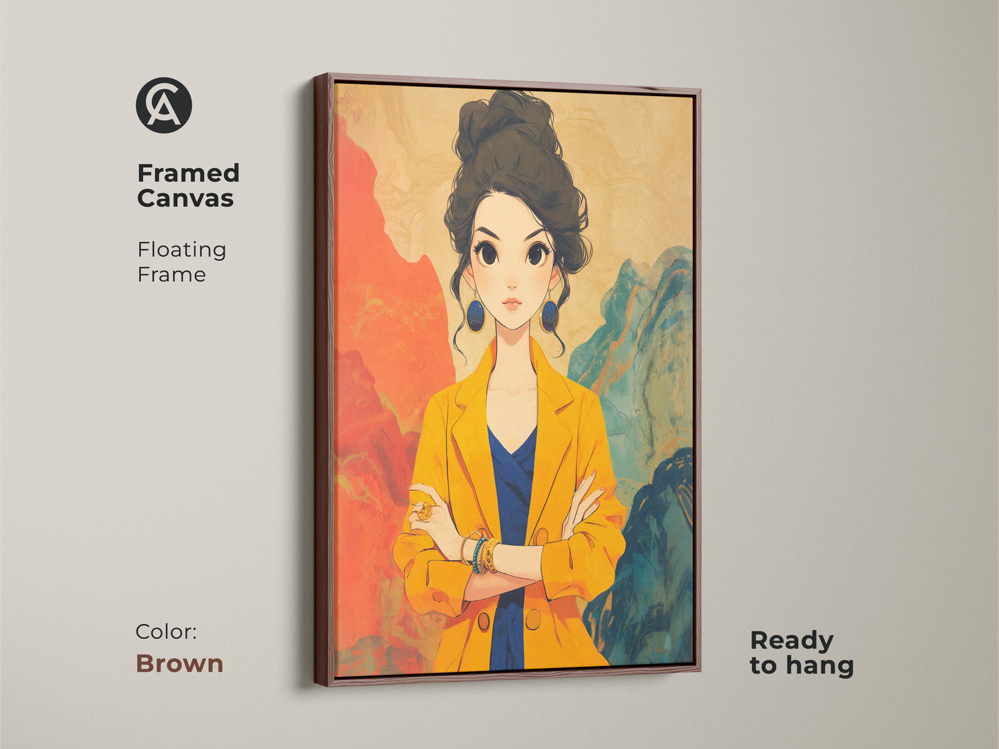 Framed canvas artwork with a brown floating frame showcasing a stylish woman in anime style. The contemporary fashion print features yellow and blue abstract elements. This ready-to-hang art adds a chic and modern touch to any room. A unique gift for fashion enthusiasts looking to elevate their decor.