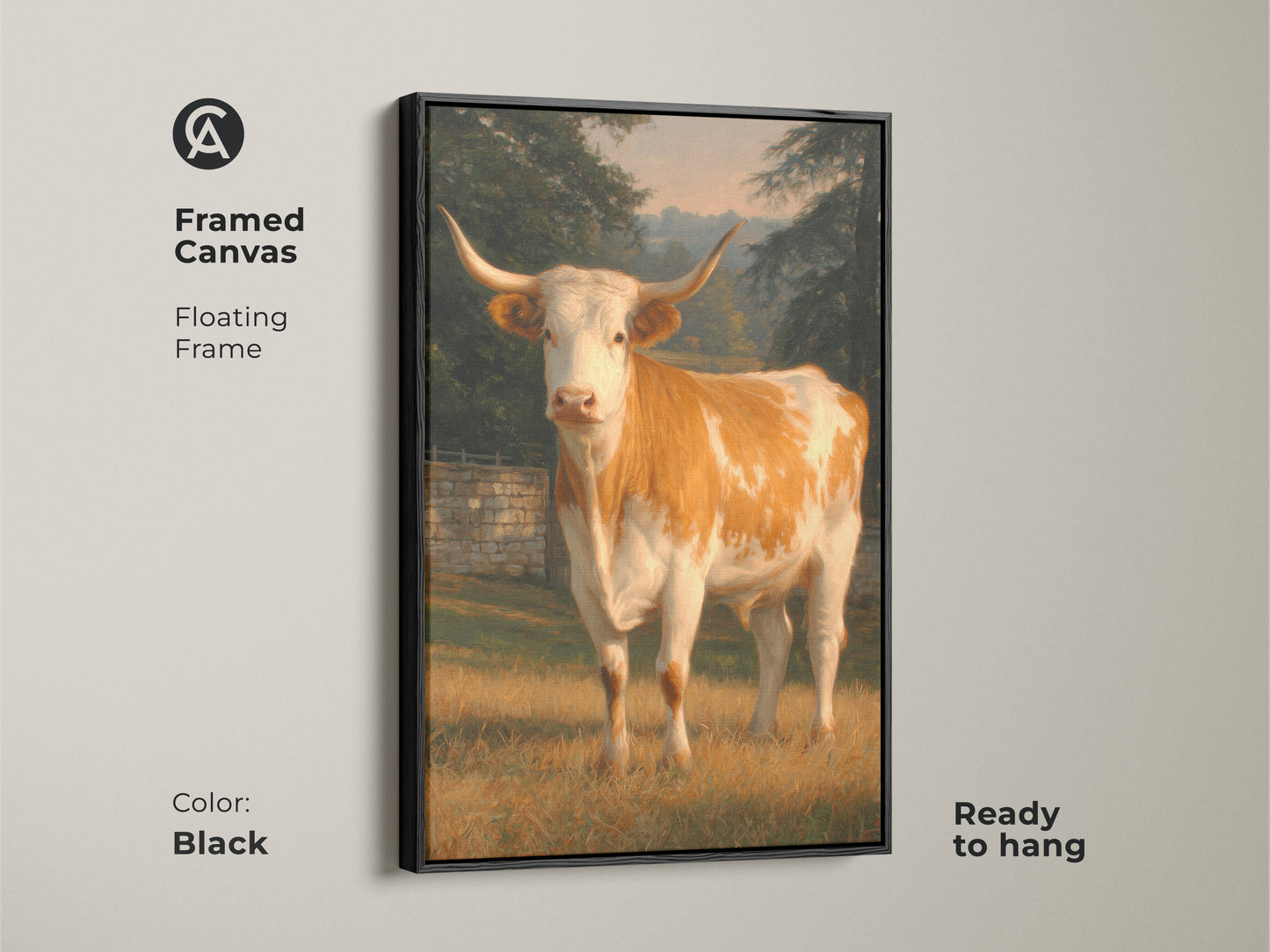 Black framed canvas art print of a longhorn cow. The floating frame enhances the artwork. Ready to hang this piece is perfect for adding a touch of rustic elegance to your home. The black frame provides a modern contrast to the classic subject. A striking art piece.