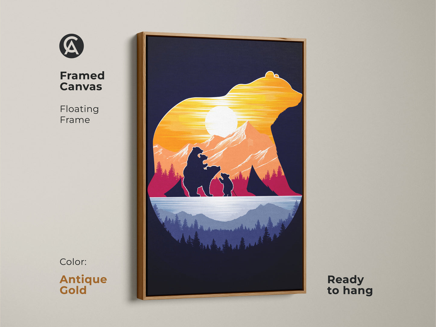 Framed canvas in antique gold shows a bear family art print. The floating frame complements the mountain sunset artwork. This ready to hang rustic silhouette art is an outdoor lover's dream. It is filled with orange yellow and blue colors that evoke tranquility.
