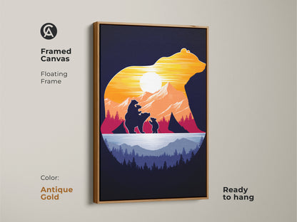 Framed canvas in antique gold shows a bear family art print. The floating frame complements the mountain sunset artwork. This ready to hang rustic silhouette art is an outdoor lover's dream. It is filled with orange yellow and blue colors that evoke tranquility.