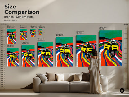 A size comparison showcases the inches and centimeters of this pop art. Ranging from small to large it displays a dynamic Yellow race car canvas. This modern automotive art makes a statement. Find the perfect fit for your space and elevate your decor with speed. This would make a unique present for a F1 fan and motorsport enthusiast.