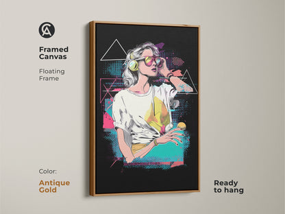 Framed canvas of a vaporwave woman art. This floating frame comes in antique gold. The retro music lover gift is ready to hang. Synthwave aesthetic wall art for modern retro home decor. A pink yellow teal canvas art.