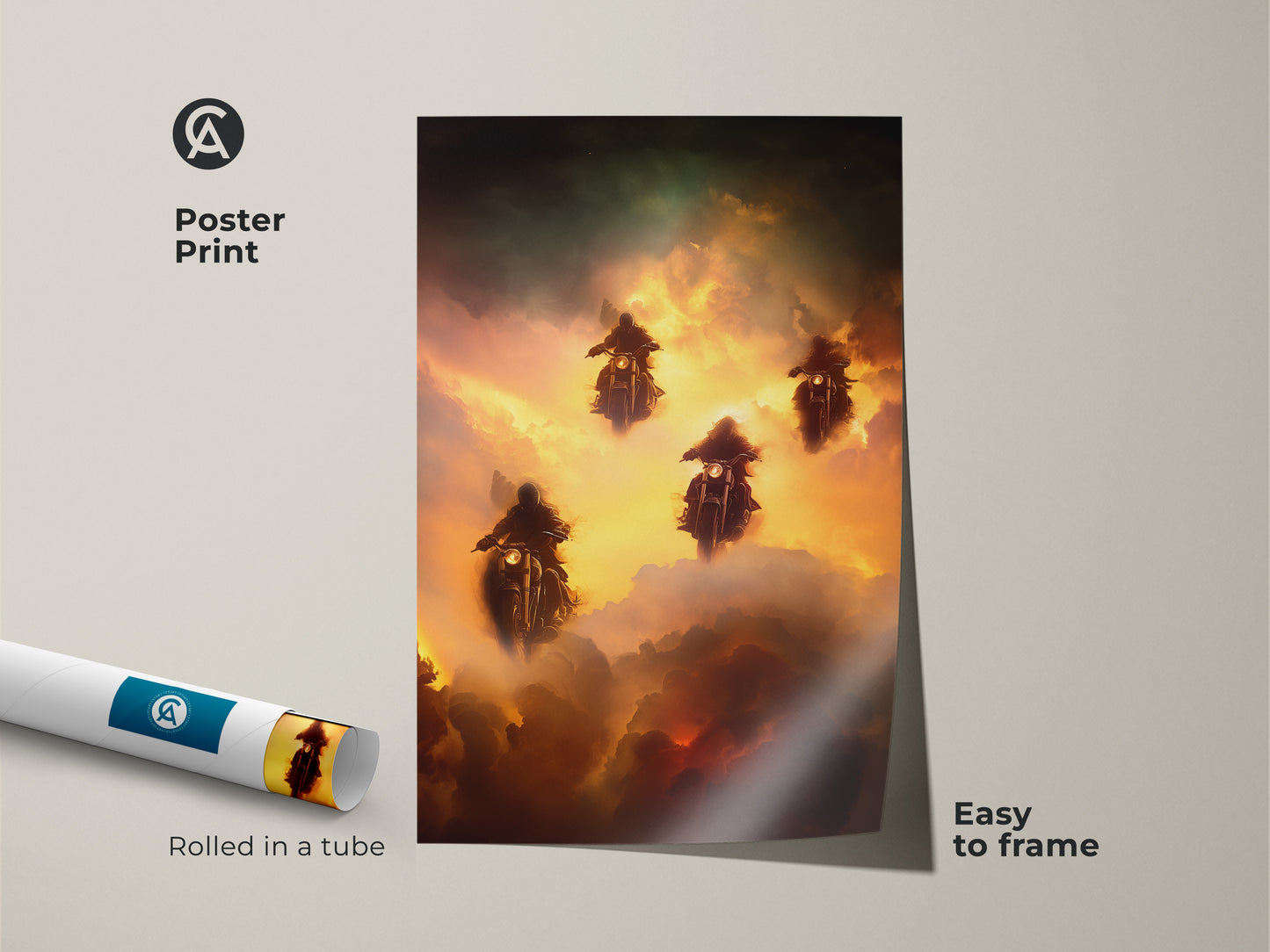 Get this surreal motorcycle art as a poster print for easy framing. Featuring fantasy riders in a dramatic cloudscape it adds unique wall art to any space. The gold green and orange hues create an adventurous vibe. Perfect for motorcycle enthusiasts and lovers of imaginative themes.