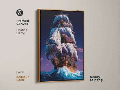 Framed canvas of a tall ship in an antique gold floating frame. This nautical wall decor is ready to hang. The artwork brings a maritime adventure to your space. The sailing ship home decor makes a great gift.