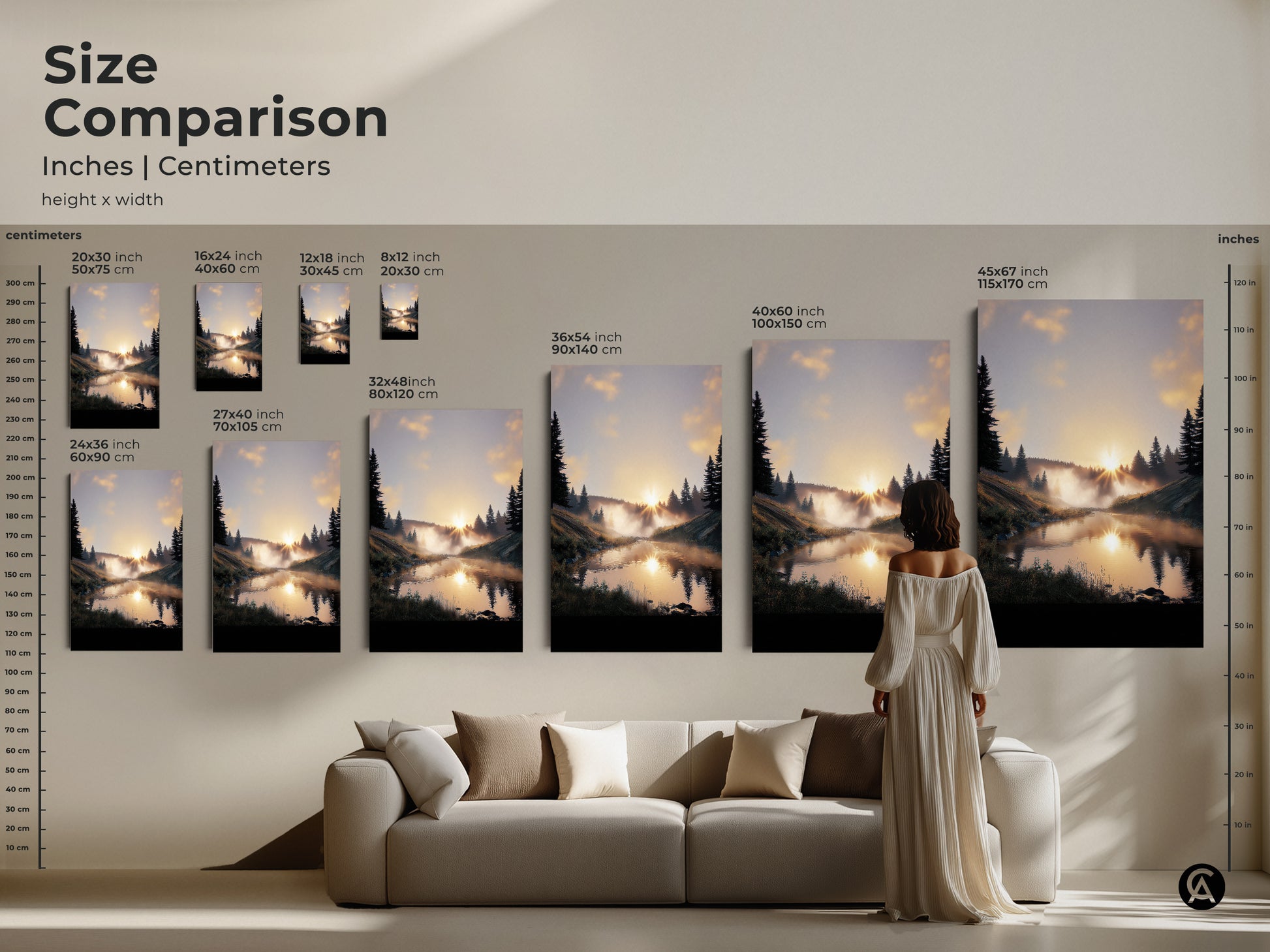 Size comparison of forest sunrise artwork. Inches and centimeters are shown. Various sizes available. Find the perfect rustic landscape print to fit your space. Warm tones nature decor for any room.