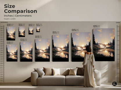 Size comparison of forest sunrise artwork. Inches and centimeters are shown. Various sizes available. Find the perfect rustic landscape print to fit your space. Warm tones nature decor for any room.