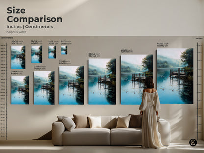 Size comparison of rustic lake dock artwork. See inches and centimeters for canvas and poster prints. Different sizes are displayed above a sofa. This impressionistic nature scene with geese on the water will enhance any space.