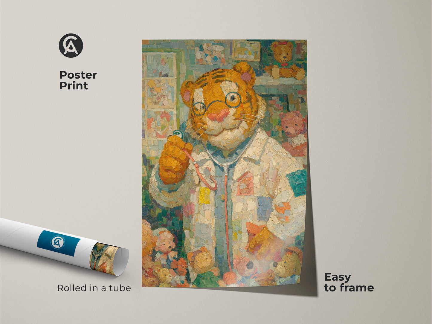 Poster print featuring a tiger doctor surrounded by teddy bears. This museum-quality paper print is easy to frame. A delightful piece of art for children's rooms. Rolled in a tube for protection. Order now
