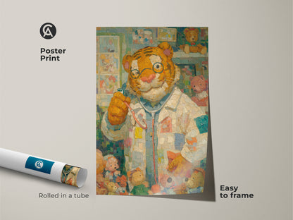 Poster print featuring a tiger doctor surrounded by teddy bears. This museum-quality paper print is easy to frame. A delightful piece of art for children's rooms. Rolled in a tube for protection. Order now