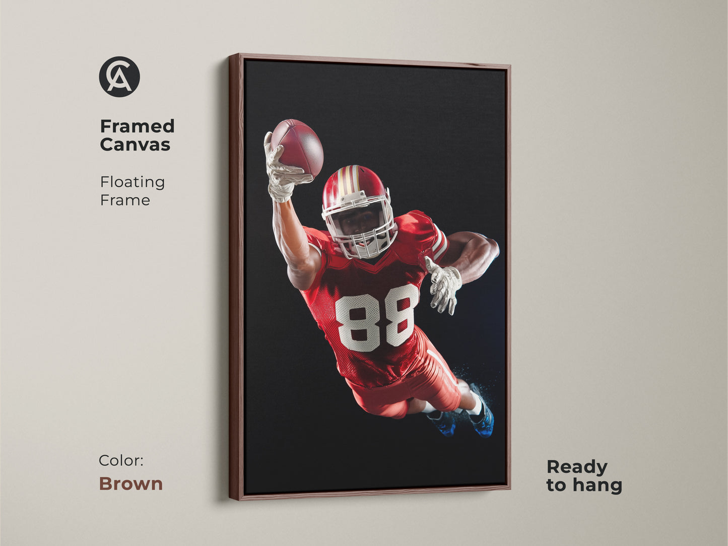 Framed Canvas of an American Football player. The floating frame is brown. This dynamic sports action print is ready to hang. It's ideal for a Man Cave wall art. Makes a perfect gift for sports fans. The Red White and Black football decor adds a modern touch.