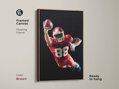 Framed Canvas of an American Football player. The floating frame is brown. This dynamic sports action print is ready to hang. It's ideal for a Man Cave wall art. Makes a perfect gift for sports fans. The Red White and Black football decor adds a modern touch.