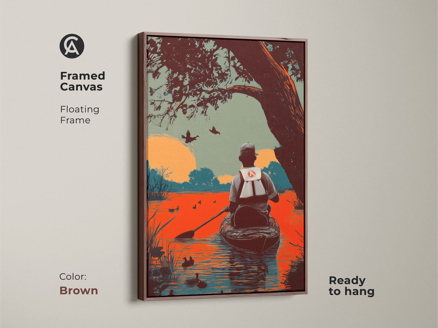 A framed canvas print features duck hunting canoe artwork. The floating frame is brown adding a rustic touch. The art print showcases a tranquil scene in orange and teal tones. Ready to hang this art makes a great gift for outdoorsmen.