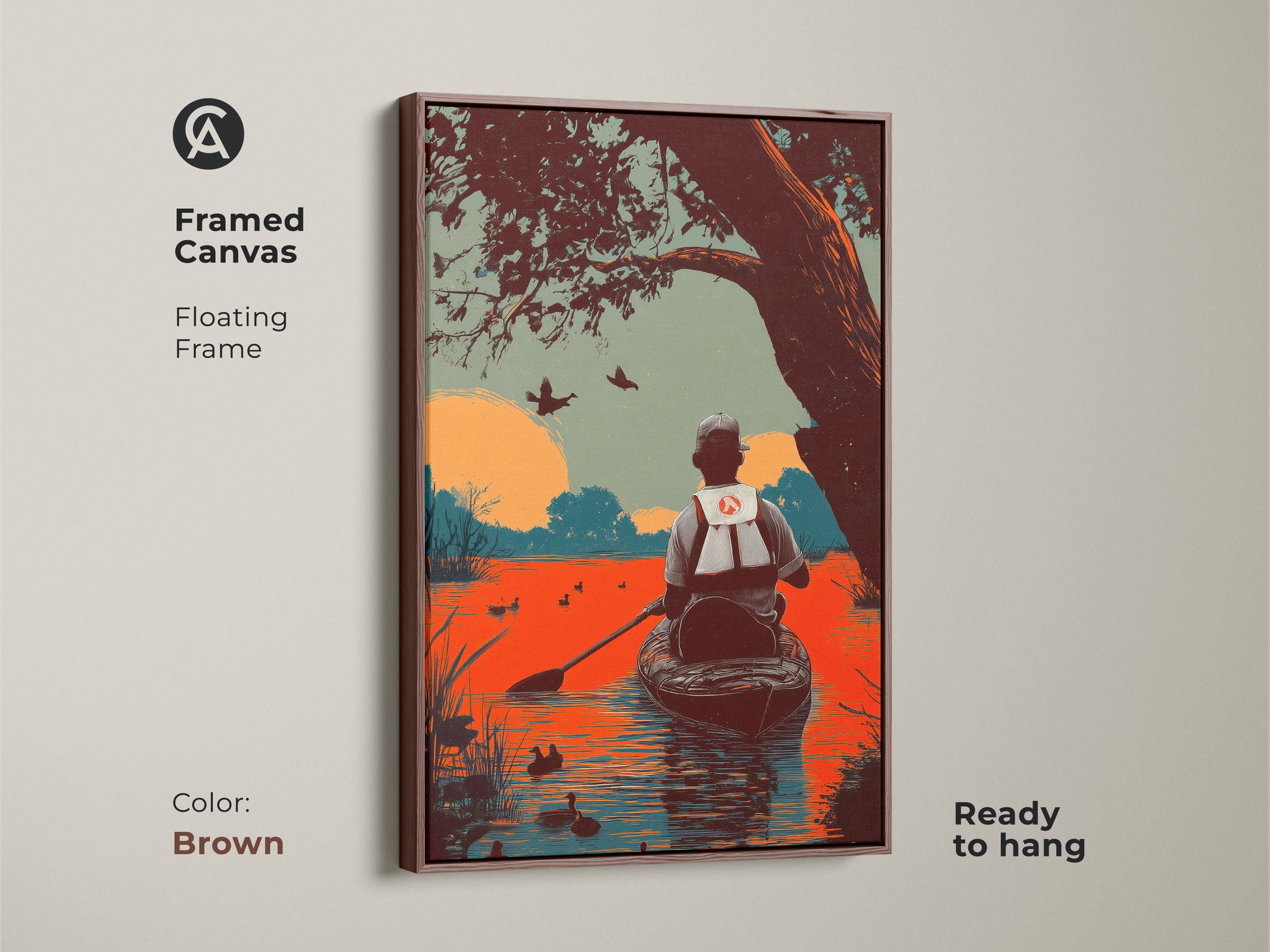 A framed canvas print features duck hunting canoe artwork. The floating frame is brown adding a rustic touch. The art print showcases a tranquil scene in orange and teal tones. Ready to hang this art makes a great gift for outdoorsmen.