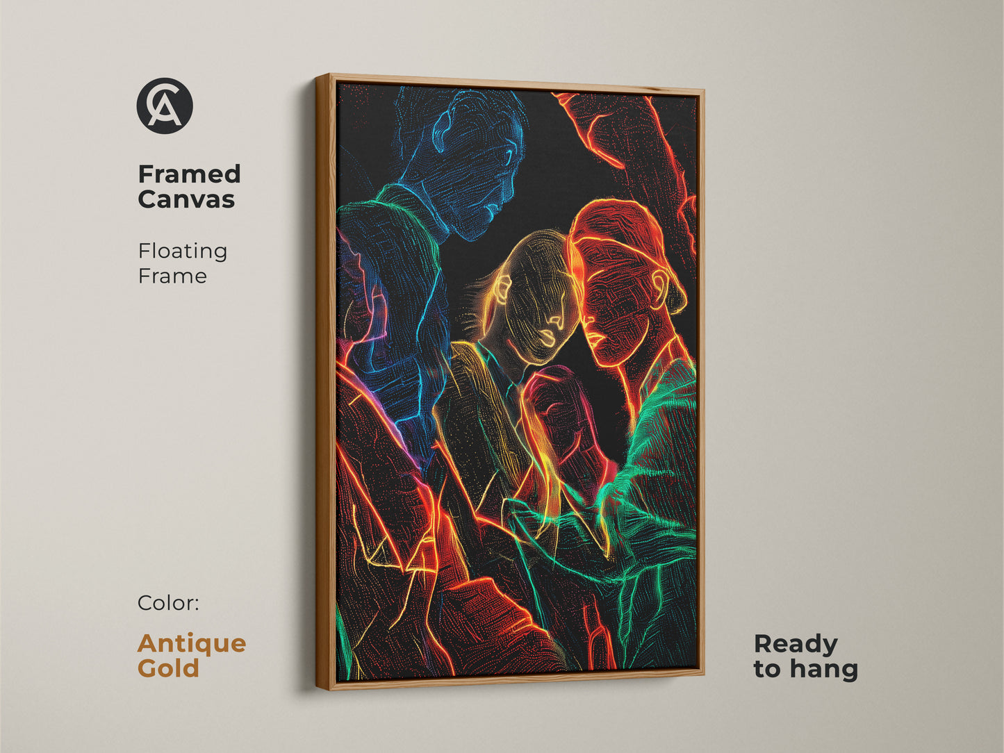 Framed canvas with a floating antique gold frame displaying neon line art. Contemporary group portrait featuring abstract figurative people artwork. Red blue and green neon outline creates a modern edgy look ready to hang for a unique decor.
