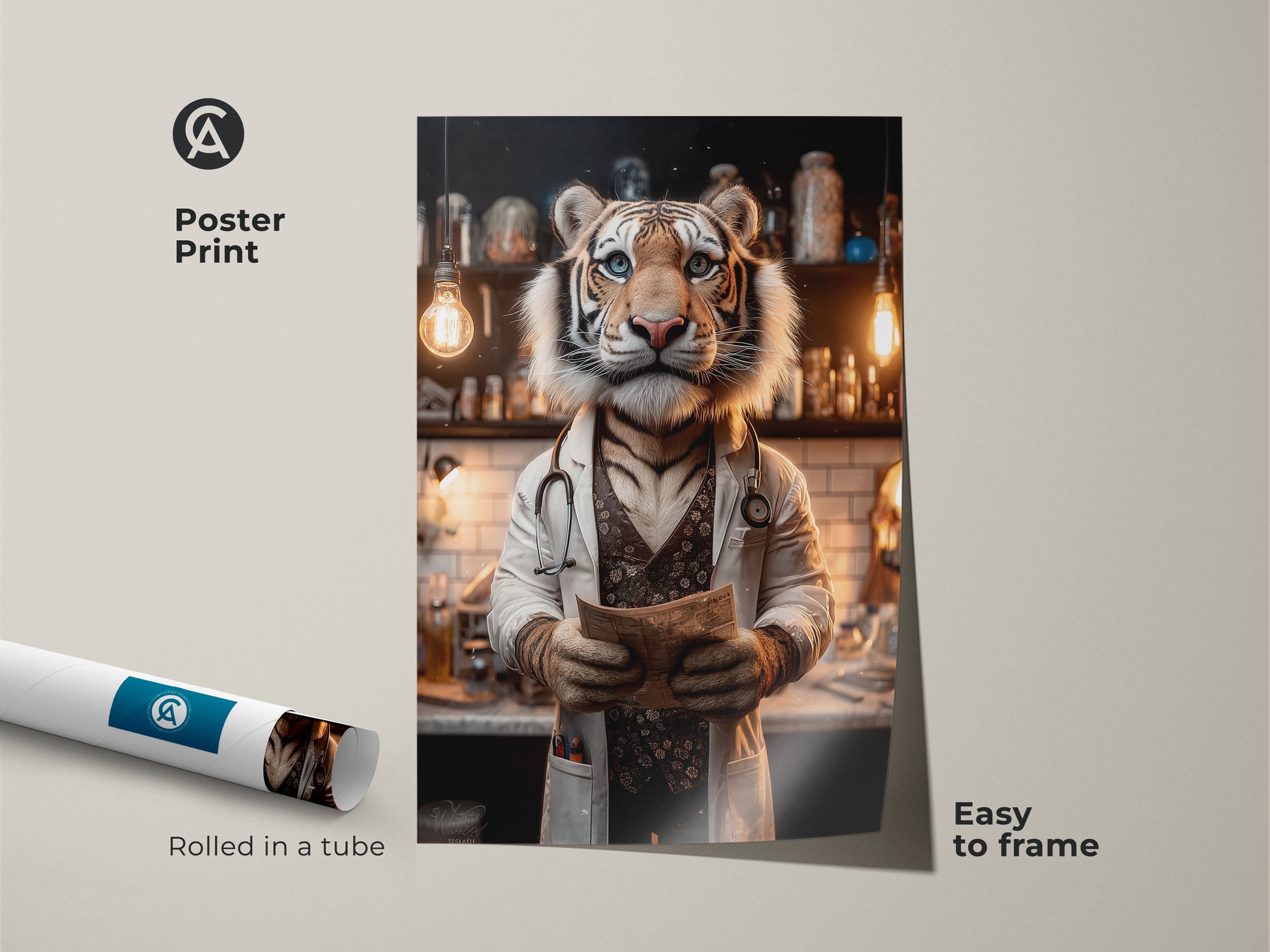 Poster print featuring a tiger dressed as a doctor rolled in a tube. This art is easy to frame. The artwork brings a touch of whimsy to any space. A unique addition to your art collection.