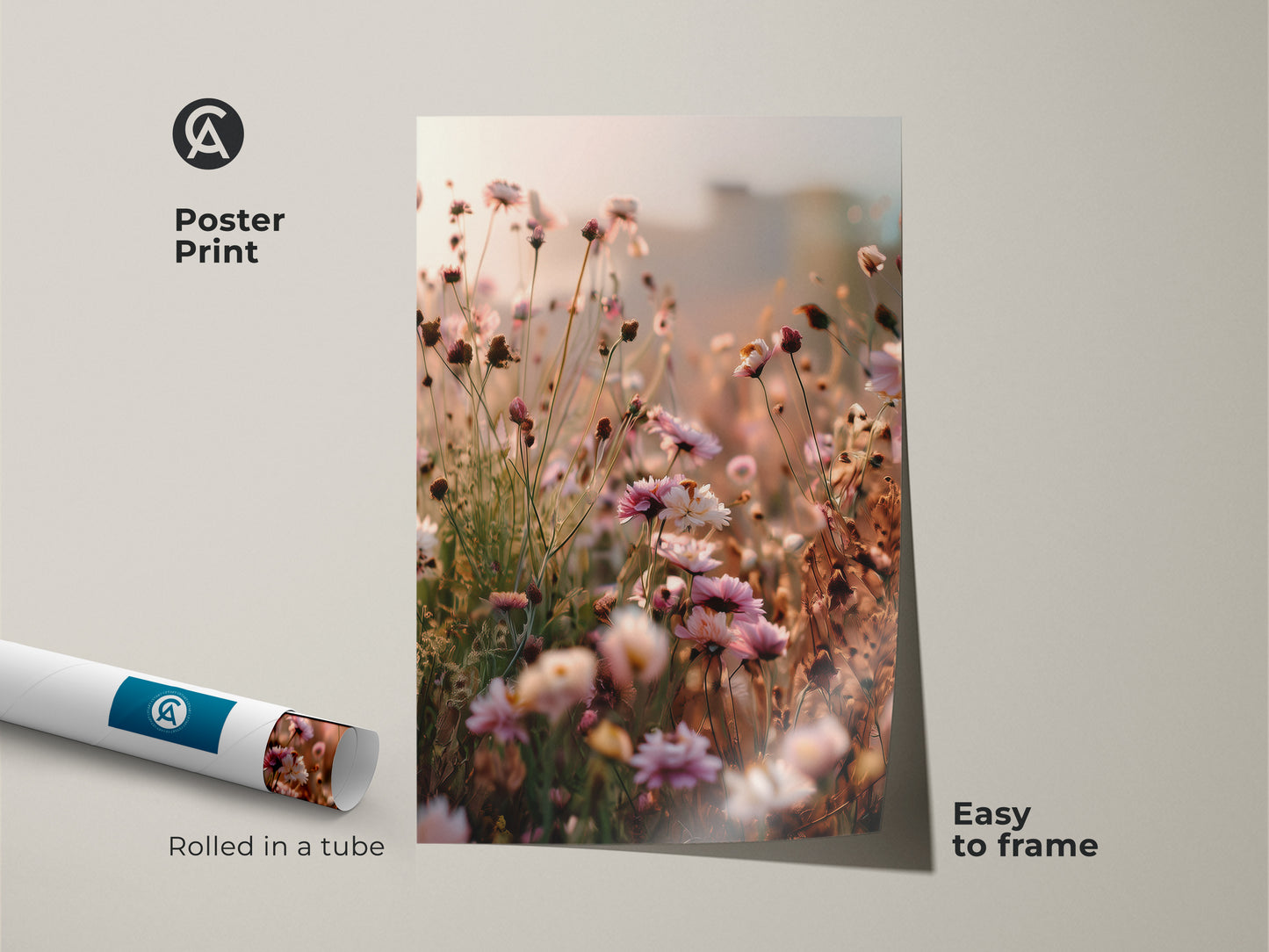 Poster print of dreamy wildflower art rolled in a tube. This pink wildflower art print is easy to frame. The botanical artwork features soft peach tones. It is an impressionistic canvas great for nature-inspired wall art.