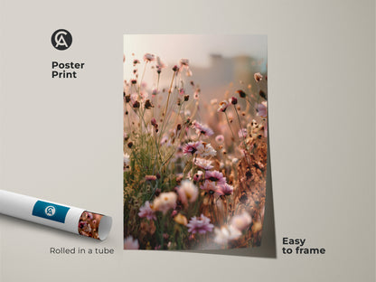 Poster print of dreamy wildflower art rolled in a tube. This pink wildflower art print is easy to frame. The botanical artwork features soft peach tones. It is an impressionistic canvas great for nature-inspired wall art.
