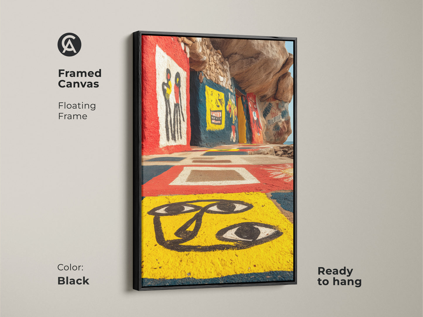 Enhance your space with our art brut figurative print in a black framed canvas. This ready-to-hang piece showcases yellow red blue artwork. It is perfect for eclectic home decor and outsider art enthusiasts. A unique gift for those who appreciate bold color canvas art.