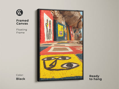 Enhance your space with our art brut figurative print in a black framed canvas. This ready-to-hang piece showcases yellow red blue artwork. It is perfect for eclectic home decor and outsider art enthusiasts. A unique gift for those who appreciate bold color canvas art.