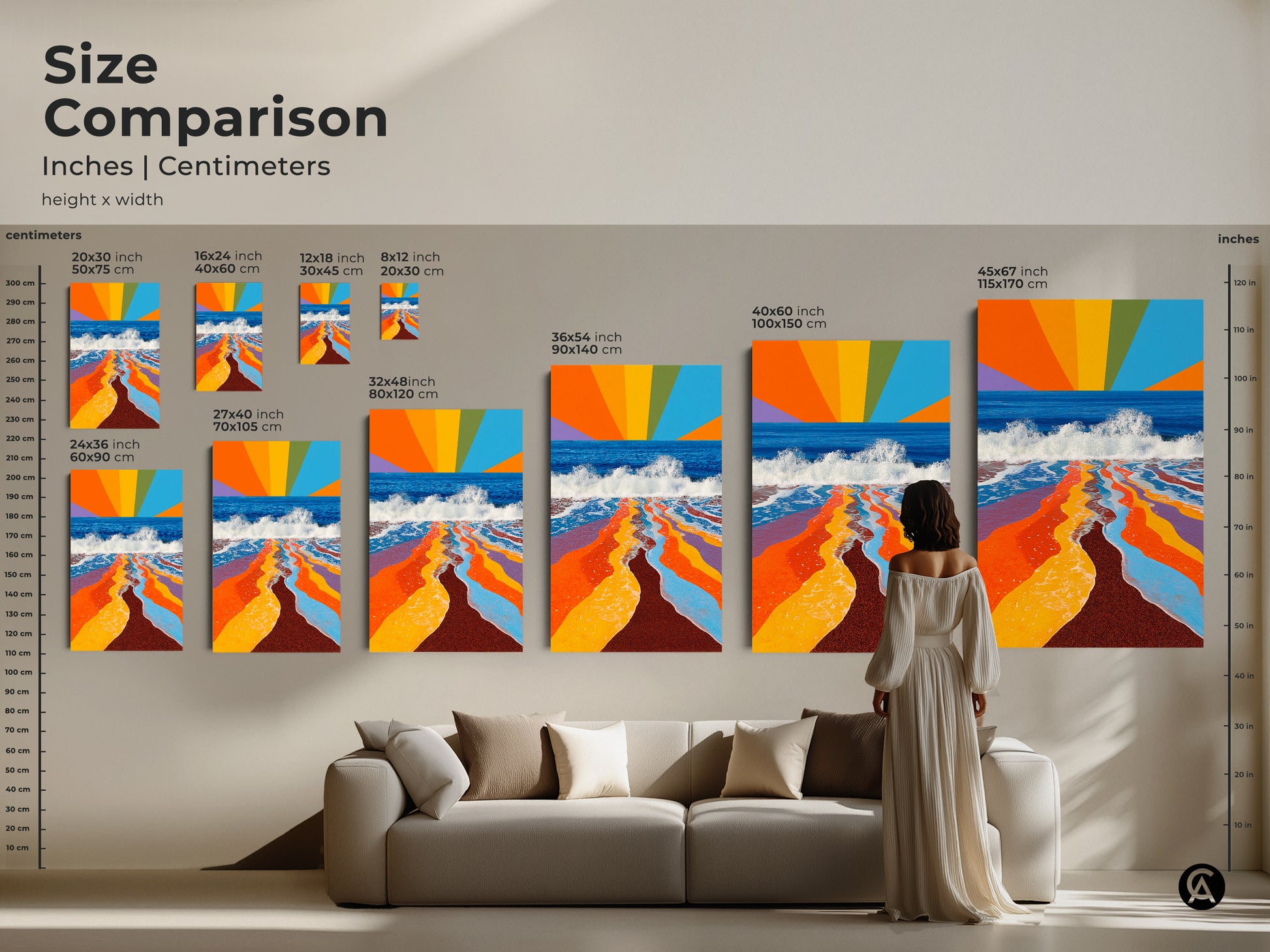 A size comparison shows abstract rainbow waves art in various sizes. A woman stands near a sofa for scale. Sizes range from small to large canvas or poster prints for every space.