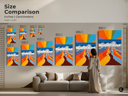 A size comparison shows abstract rainbow waves art in various sizes. A woman stands near a sofa for scale. Sizes range from small to large canvas or poster prints for every space.