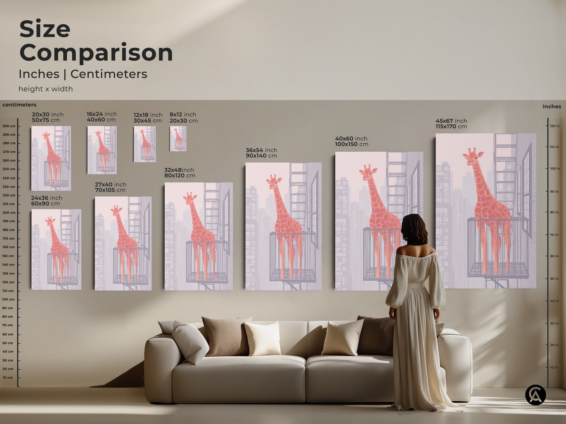 Size comparison of abstract giraffe art in various sizes. See how this orange giraffe on fire escape art looks above a sofa. A unique animal gift idea for contemporary living room art.