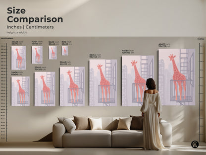 Size comparison of abstract giraffe art in various sizes. See how this orange giraffe on fire escape art looks above a sofa. A unique animal gift idea for contemporary living room art.