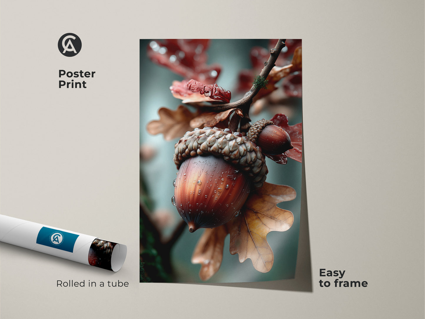 Poster print features a close-up of an acorn. Rolled in a tube for easy framing this art is easy to display. Add a touch of nature to your space with this art. The details are crisp and clear making it a great piece.