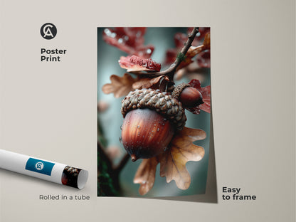 Poster print features a close-up of an acorn. Rolled in a tube for easy framing this art is easy to display. Add a touch of nature to your space with this art. The details are crisp and clear making it a great piece.