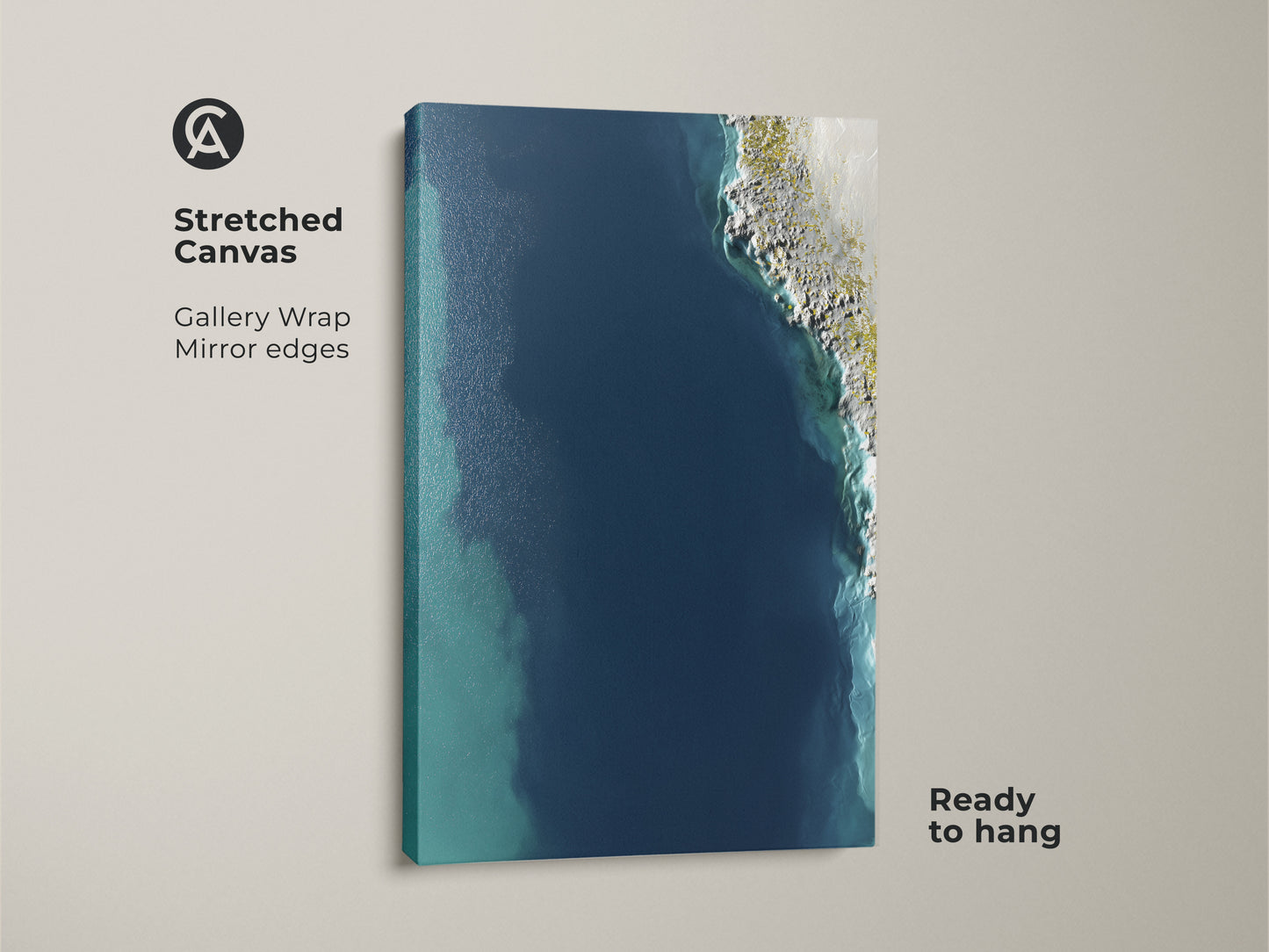 Stretched Canvas of Abstract Aerial Ocean Art. Gallery wrap with mirror edges offers a deep blue shoreline canvas. Ready to hang coastal minimalist wall art brings a modern beach house decor vibe to your living space.