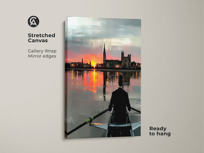 Stretched canvas gallery wrap showcasing rowing sunset art. The impressionistic landscape canvas features a rower with a cityscape. Modern orange pink and grey art enhances any room. It is ready to hang and admire. The mirror edges add depth to the artwork. This sunset print creates a contemporary office atmosphere.
