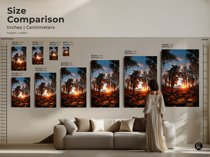 Size comparison of artwork in inches and centimeters. See how the art scales in different sizes. A woman in a white dress stands next to a couch for scale. Visualize how this artwork will look in your home.