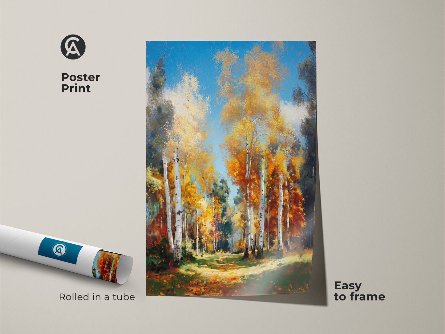 Poster print of a birch tree landscape rolled in a tube. This museum-quality paper print is easy to frame. The artwork showcases a beautiful forest scene. Its vibrant colors and detailed brushstrokes make it a captivating piece. Add this print to your art collection.