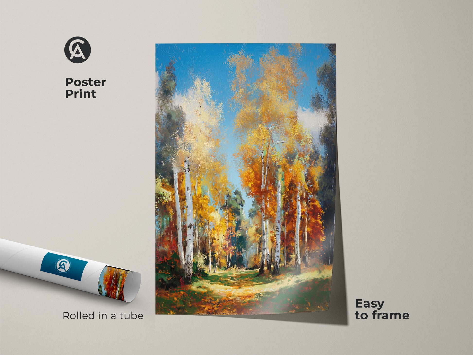 Poster print of a birch tree landscape rolled in a tube. This museum-quality paper print is easy to frame. The artwork showcases a beautiful forest scene. Its vibrant colors and detailed brushstrokes make it a captivating piece. Add this print to your art collection.