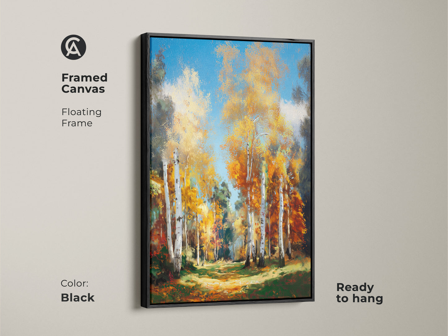 Framed canvas of birch trees with a black floating frame. This ready-to-hang artwork adds a touch of elegance. The forest landscape brings nature indoors. The painting captures vibrant colors and detailed textures. This piece will enhance any living space.