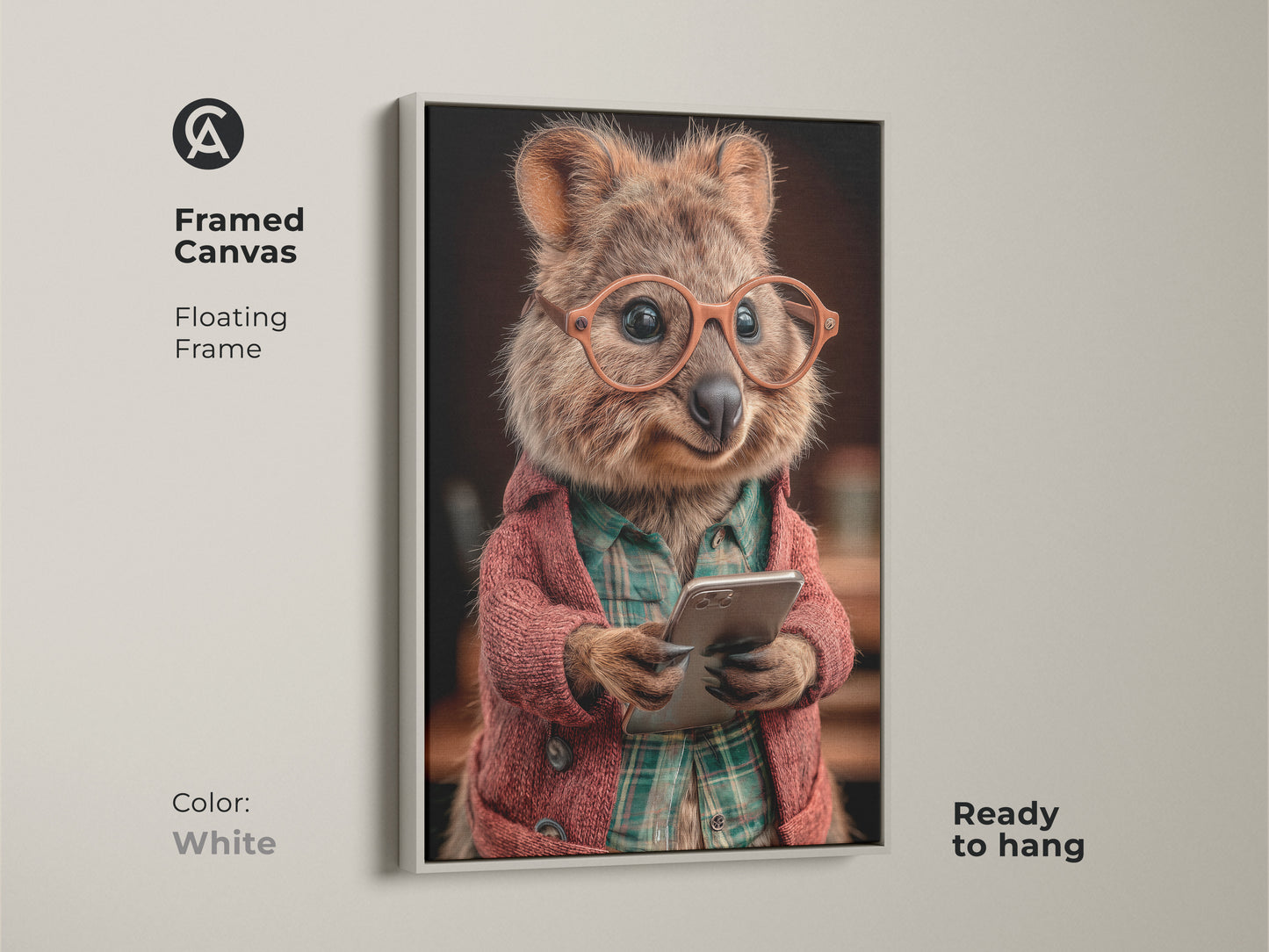 White framed canvas with a Quokka with glasses holding a smartphone. Funny animal wall art is ready to hang. Floating frame. This unique office wall art makes a great birthday gift for pet lovers. Modern eclectic animal art.
