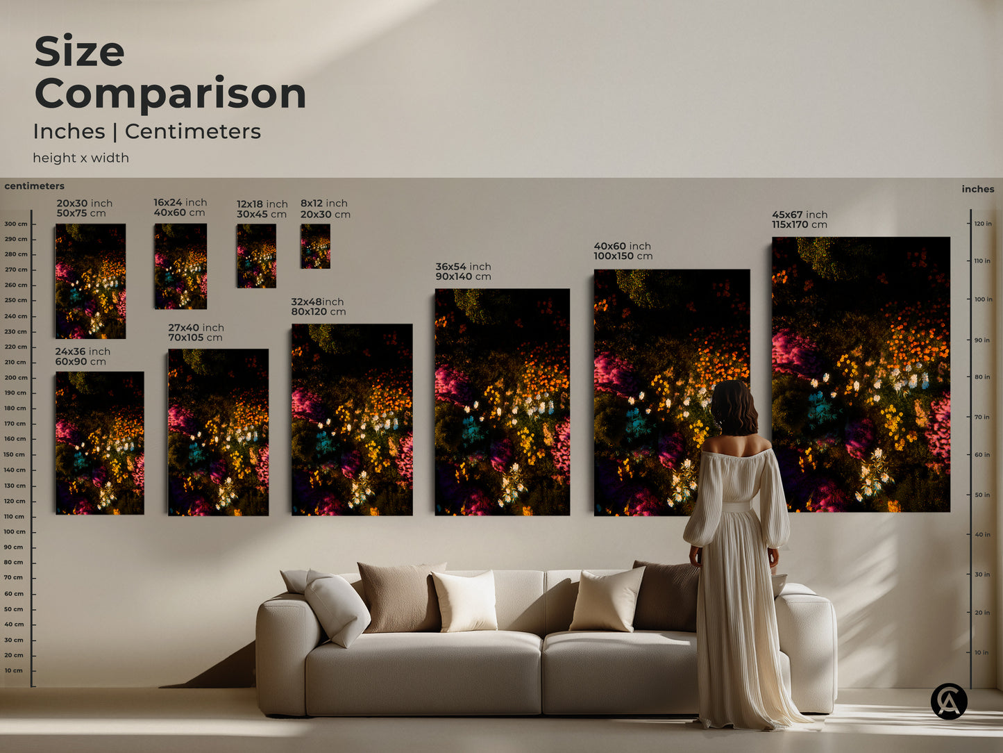 Size comparison featuring floral artwork in inches and centimeters. See how the artwork scales in different sizes. The art features a dark backdrop with colorful flowers. Visualize the perfect size for your home decor today.
