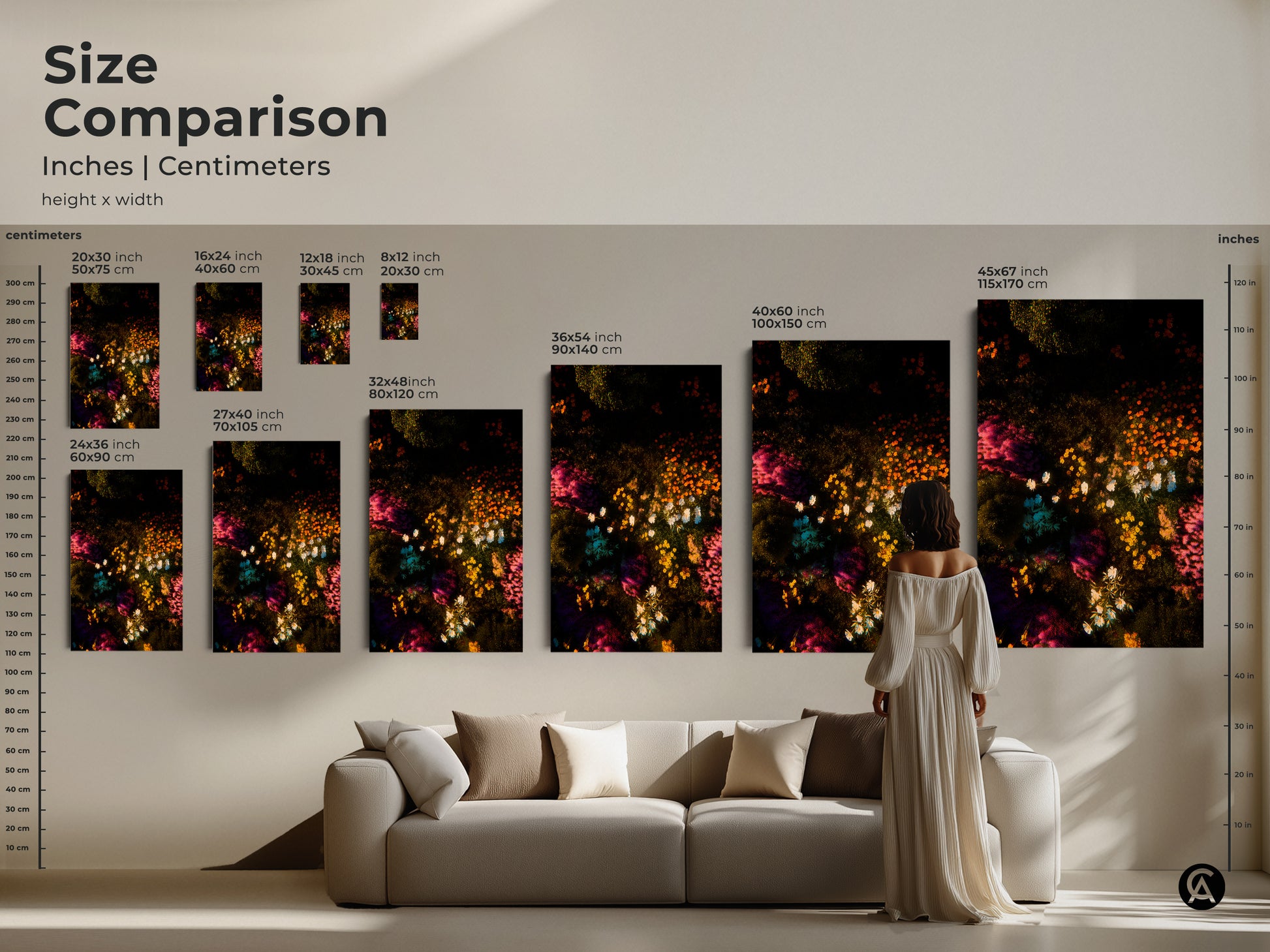 Size comparison featuring floral artwork in inches and centimeters. See how the artwork scales in different sizes. The art features a dark backdrop with colorful flowers. Visualize the perfect size for your home decor today.
