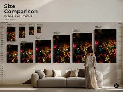 Size comparison featuring floral artwork in inches and centimeters. See how the artwork scales in different sizes. The art features a dark backdrop with colorful flowers. Visualize the perfect size for your home decor today.