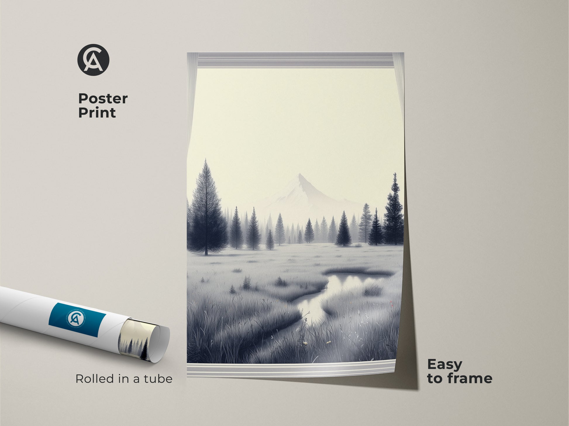 Poster print of a minimalist landscape with mountain and pine trees in monochrome. This Scandinavian pine tree canvas is easy to frame. A black and white landscape print brings serene nature to your office. Ideal housewarming gift art.