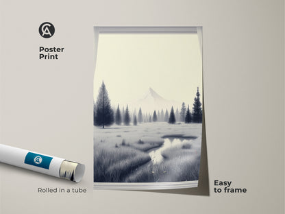 Poster print of a minimalist landscape with mountain and pine trees in monochrome. This Scandinavian pine tree canvas is easy to frame. A black and white landscape print brings serene nature to your office. Ideal housewarming gift art.