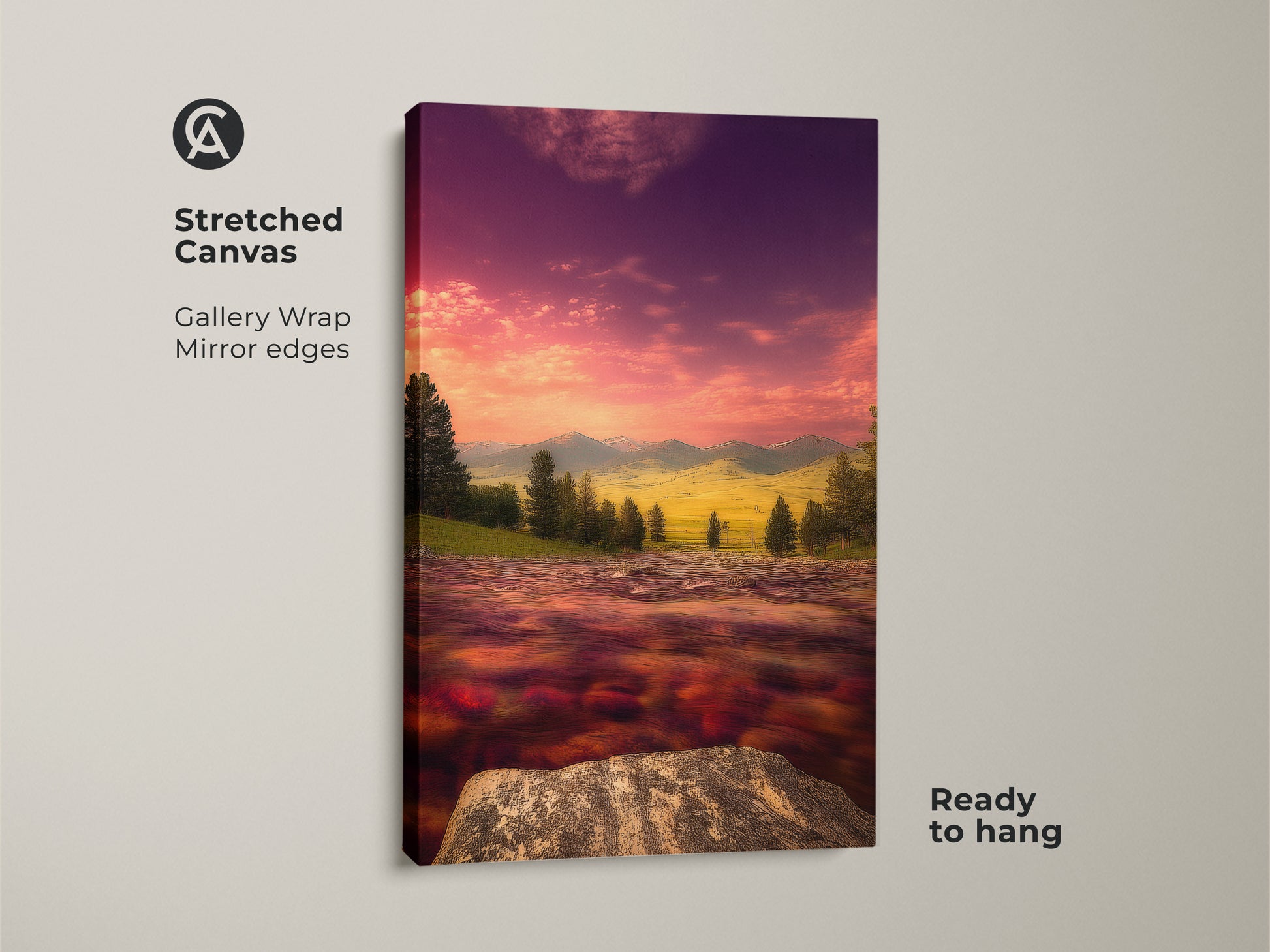 Impressionist river and mountain scenery canvas. The gallery wrapped canvas displays a pink and purple sunset sky. It's a ready to hang artwork. This vibrant landscape print adds color to any room. Perfect contemporary bedroom decor for nature art lovers.