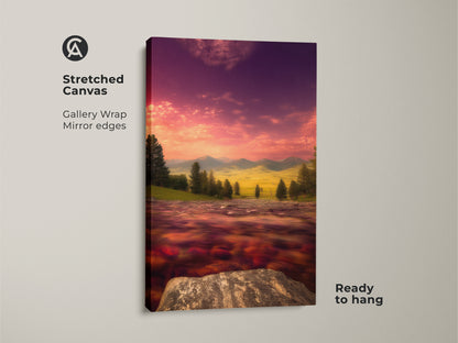 Impressionist river and mountain scenery canvas. The gallery wrapped canvas displays a pink and purple sunset sky. It's a ready to hang artwork. This vibrant landscape print adds color to any room. Perfect contemporary bedroom decor for nature art lovers.