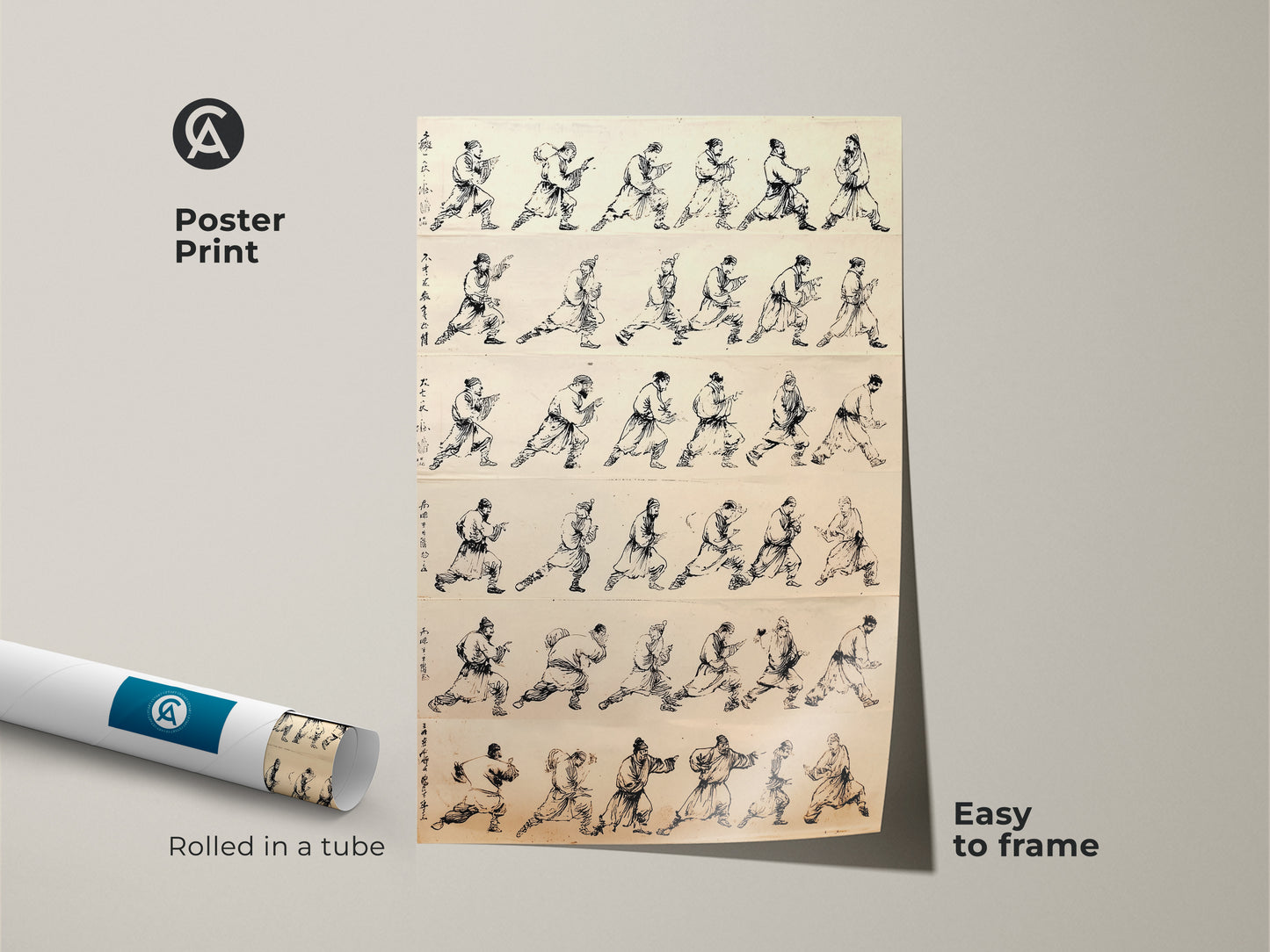 This poster print features traditional Chinese ink wash art of martial arts warrior movement studies. The minimalist black and white artwork is easy to frame for study or office wall decor. Rolled in a tube this kung fu master print brings disciplined energy and historical depth.