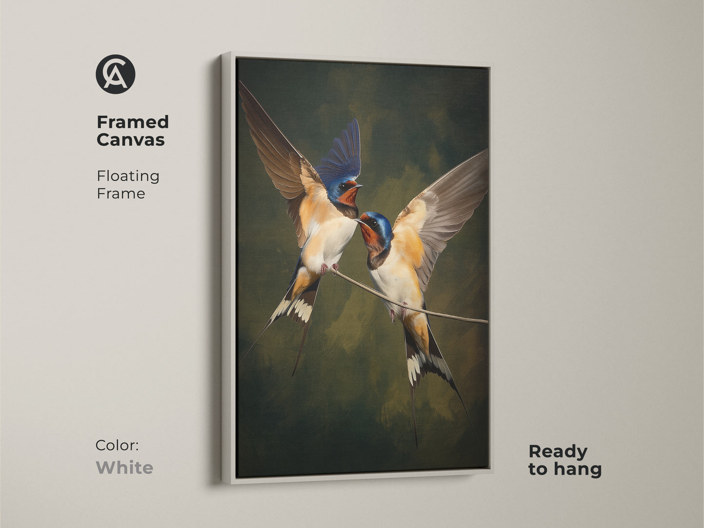 Framed canvas in white featuring realistic swallow bird art with a floating frame. Classical nature wall decor in brown blue and green tones. Traditional home decor gift for wildlife art lovers. This animal art print is ready to hang as ornithology wall art. Ideal housewarming gift art for bird enthusiasts. Elegant wildlife decor for your home.