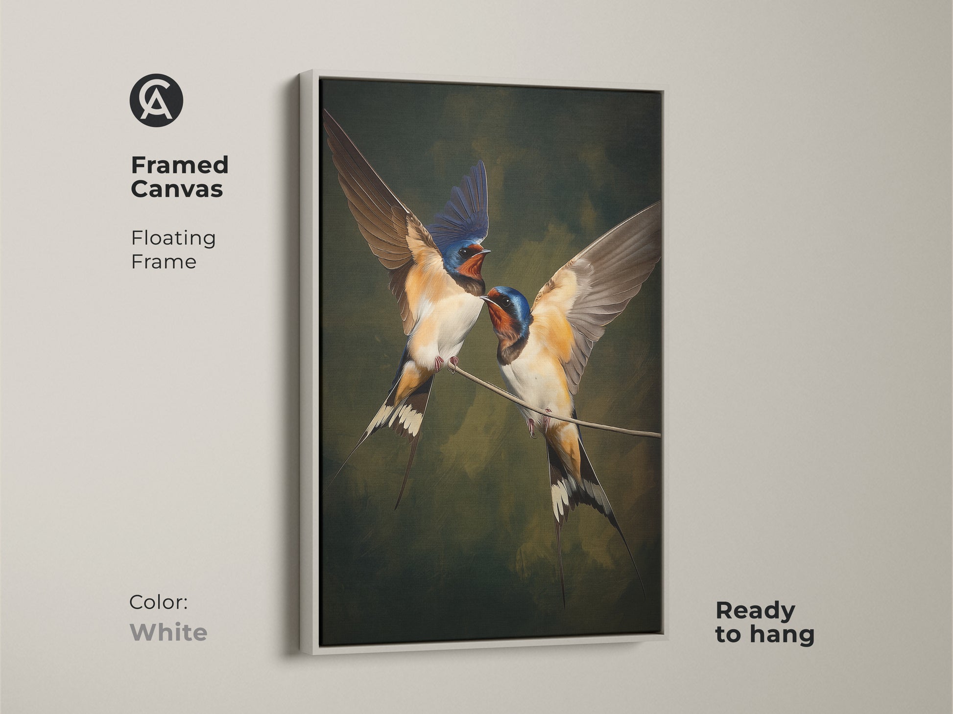 Framed canvas in white featuring realistic swallow bird art with a floating frame. Classical nature wall decor in brown blue and green tones. Traditional home decor gift for wildlife art lovers. This animal art print is ready to hang as ornithology wall art. Ideal housewarming gift art for bird enthusiasts. Elegant wildlife decor for your home.