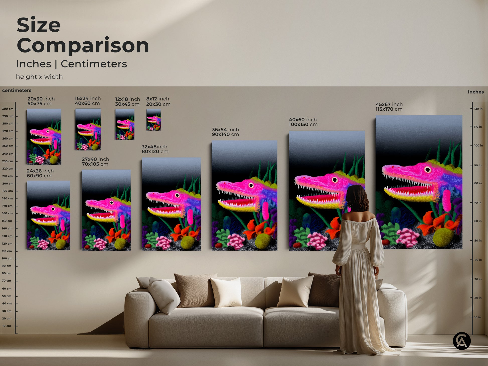 Size comparison of surreal dragon art prints. Inches and centimeters are shown in this size comparison. Hot pink yellow purple art is perfect for eclectic home accent. Find your ideal fantasy dragon poster.