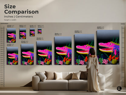 Size comparison of surreal dragon art prints. Inches and centimeters are shown in this size comparison. Hot pink yellow purple art is perfect for eclectic home accent. Find your ideal fantasy dragon poster.