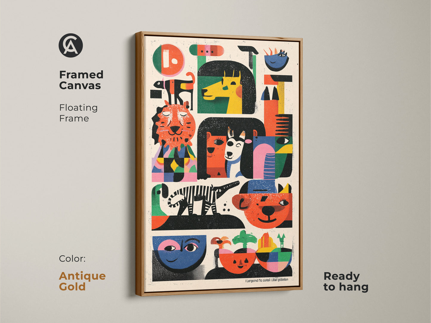 Antique gold framed canvas folk art animal print ready to hang. This mid-century modern artwork features abstract tigers and zebras. A unique piece of wall decor for eclectic kids room decor.